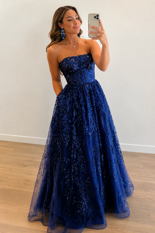 zara prom dresses A-line Sequined Lace Long Prom Dress with Pockets, Royal Blue / 16