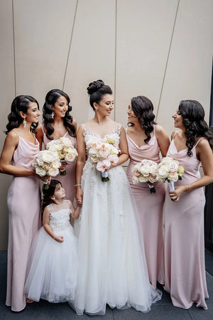 Pink Sheath Spaghetti Straps Long Bridesmaid Dress - KissProm