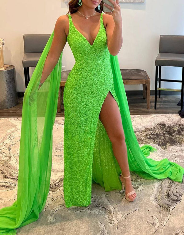 Lorelai |Mermaid V Neck Sequin Prom Dress with Slit - KissProm