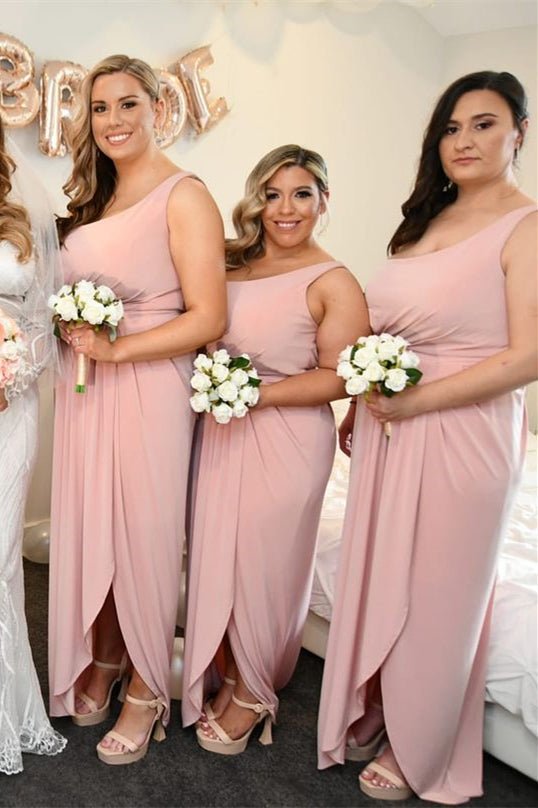 Pink One Shoulder Faux - Wrap Satin Long Bridesmaid Dress - KissProm