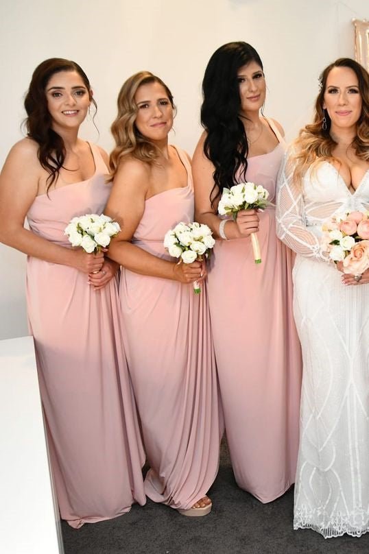 Pink One Shoulder Faux-Wrap Satin Long Bridesmaid Dress, Pink / 8