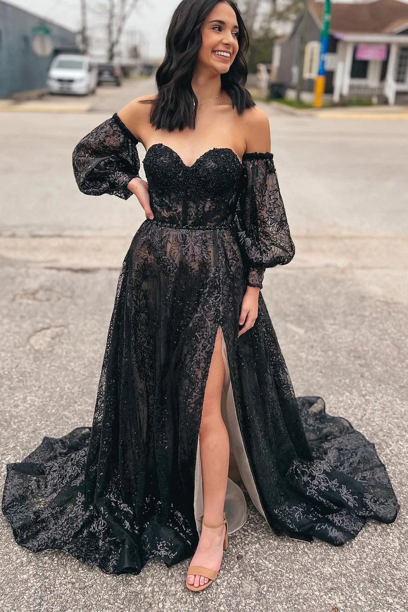 Trina | Cute A Line Sweetheart Black Sequins Long Prom Dresses
