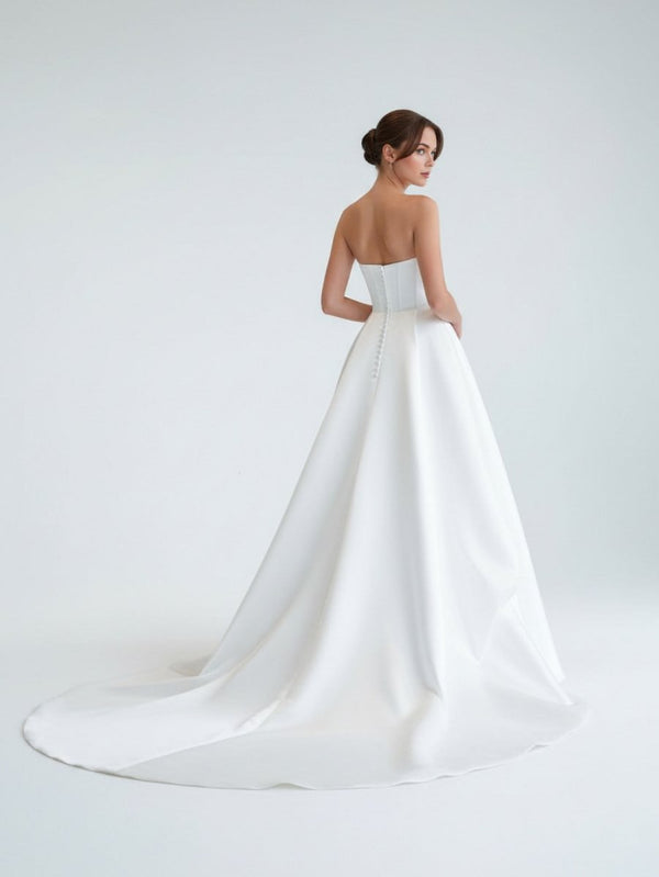 Jane | A-Line Strapless White Satin Wedding Dresses with Slit