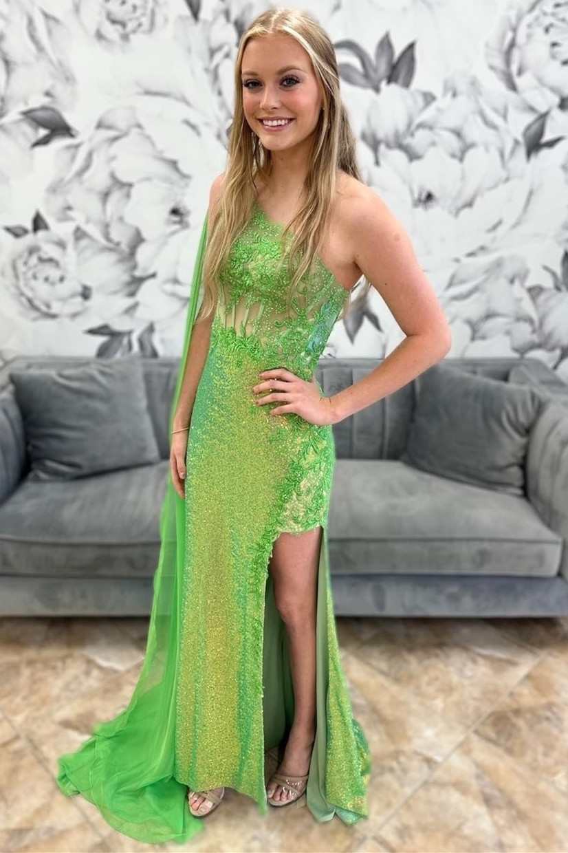 Green Sequin Lace One - Shoulder Long Formal Dress with Attached Train - KissProm