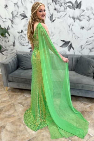 Green Sequin Lace One - Shoulder Long Formal Dress with Attached Train - KissProm