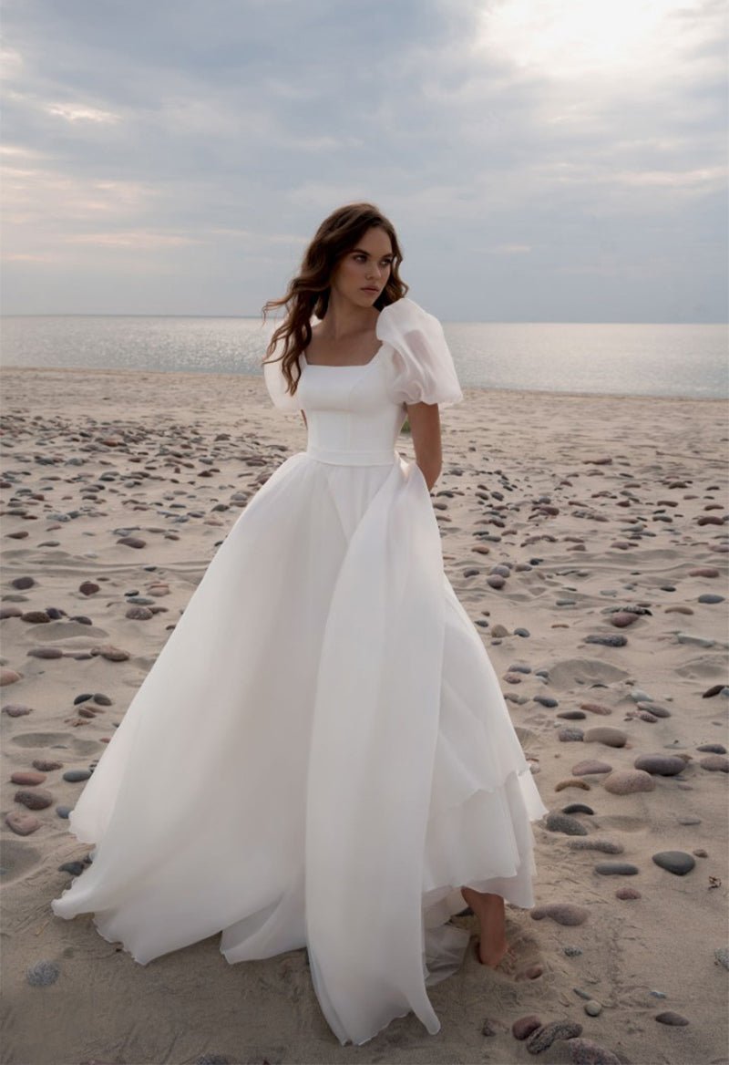 Charming A-Line Square Neck Short Sleeves Wedding Dresses with Train Diamond White / 12
