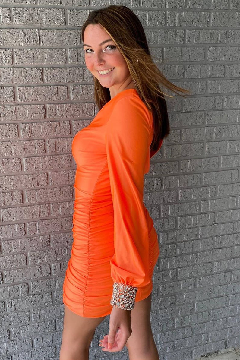 Letty | Elegant Long Sleeves Orange Short Homecoming Dress - KissProm