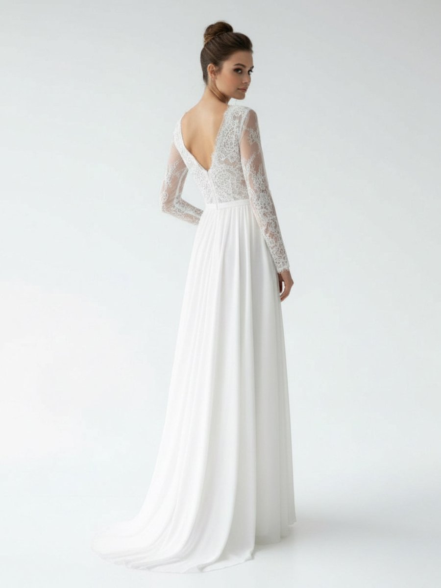 Romantic Modern A Line Floor - length Chiffon Lace V - neck Long Sleeve Wedding Dress - KissProm