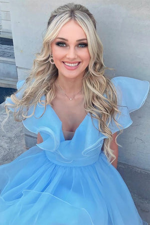 A Line V Neck Organza Ruffles Homecoming Dress - KissProm