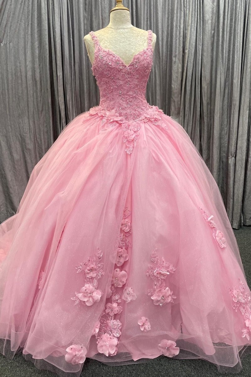Braelynn | Pink Tulle Floral Appliques Sweetheart Lace-Up Quinceanera Dress