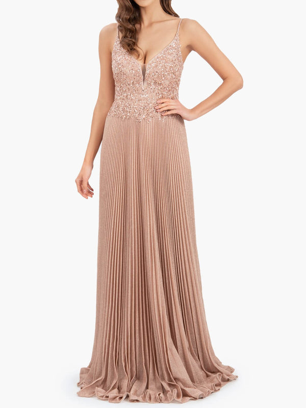 Elizabeth | Rose Pink A - line Floor Length Glitter Jersey Prom Dress with Appliques and Sequins - KissProm