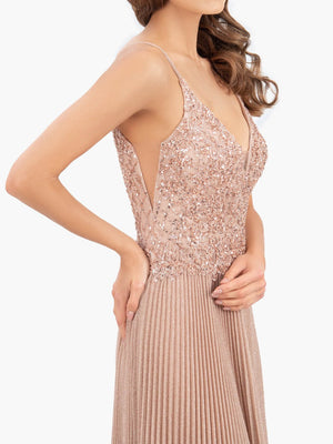 Elizabeth | Rose Pink A - line Floor Length Glitter Jersey Prom Dress with Appliques and Sequins - KissProm