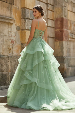 Azurena | Ball Gown Sweetheart Sage Green Tulle Long Prom Dresses With Appliques -KissProm
