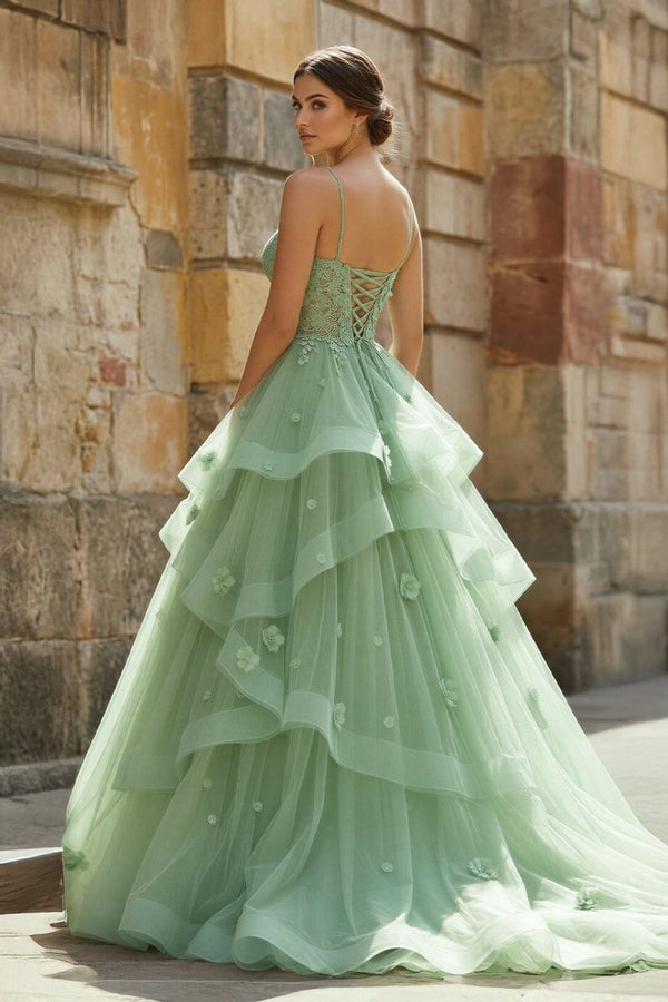 Azurena | Ball Gown Sweetheart Sage Green Tulle Long Prom Dresses With Appliques -KissProm