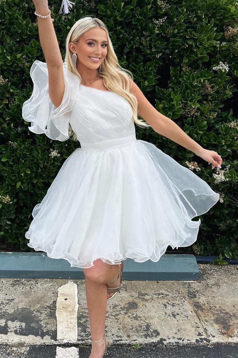 Rose Short White A-line One Shoulder Organza Homecoming Dress White / 12 Rose Short White A-line One Shoulder Organza Homecoming Dress White / 12