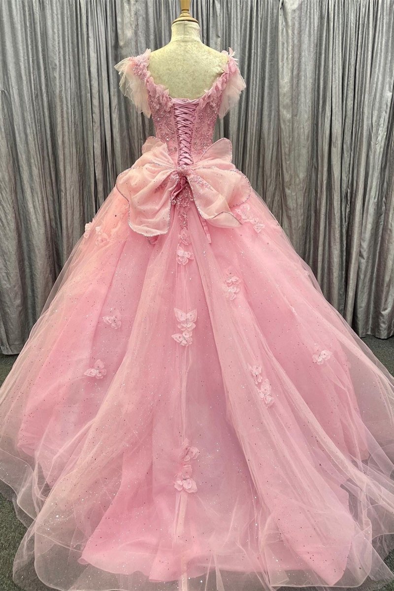 Pink Tulle 3D Floral Lace Bow-Back Quinceanera Dress with Flutter Sleeves