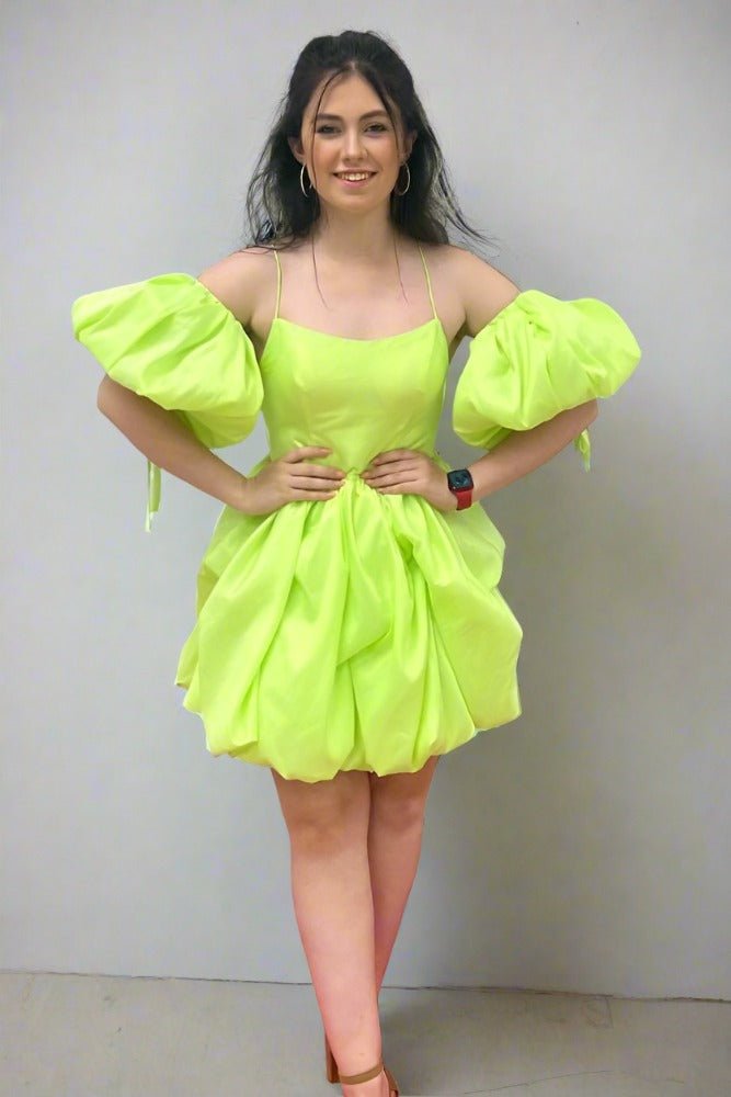 Beonna | Lemon Green A - line Ruffle Homecoming Dress with Detachable Sleeves - KissProm