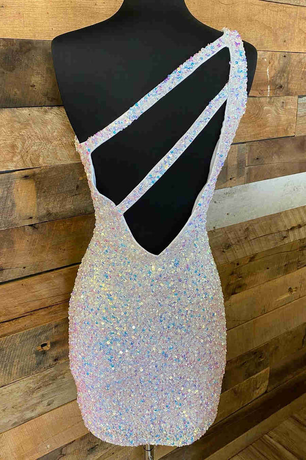 Magdalene |Sparkly Bodycon One Shoulder Sequins Short Homecoming Dress with Keyhole