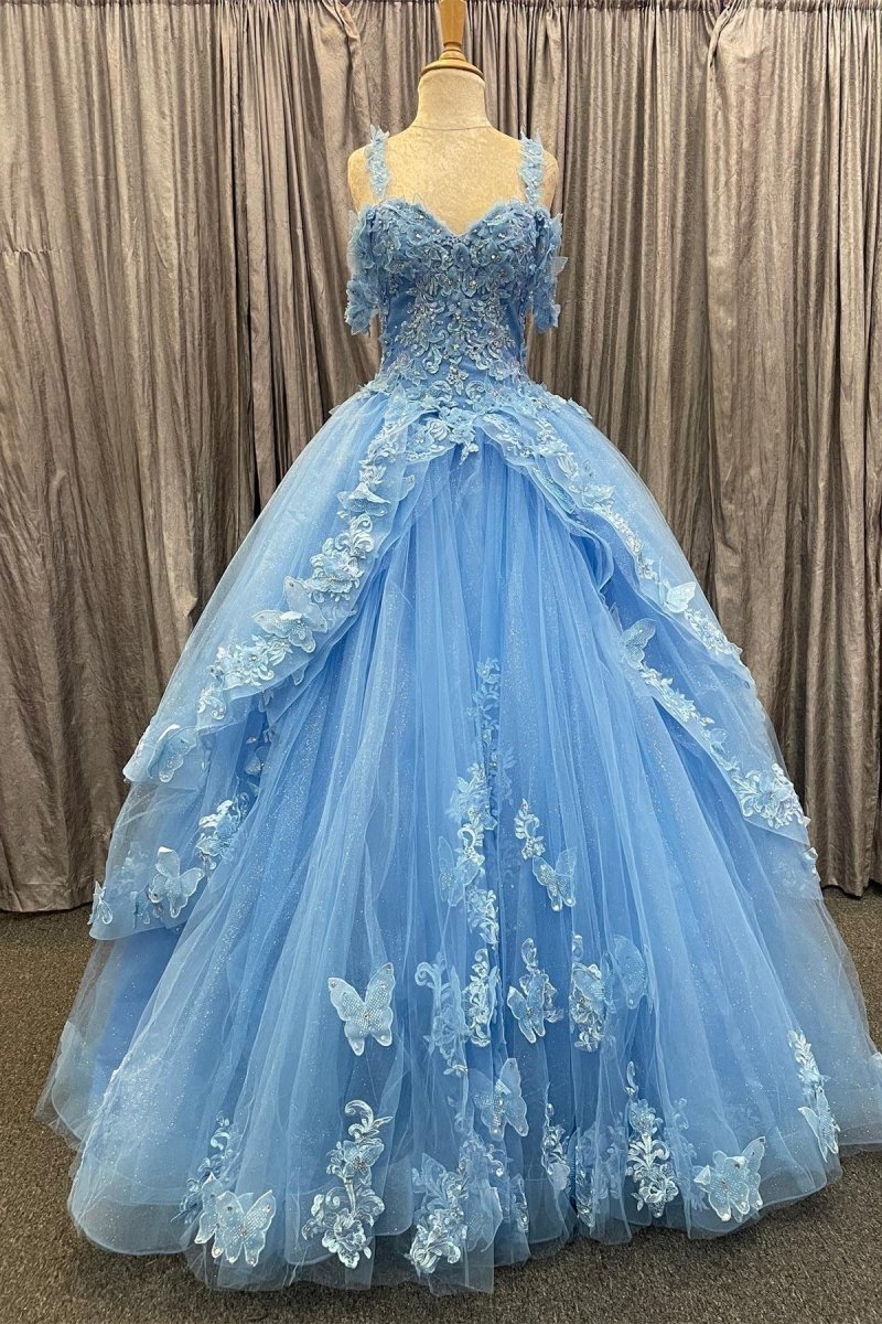 Alanna | Blue Tulle Sweetheart Multi - Layer with 3D Floral Lace Quinceanera Dress - KissProm