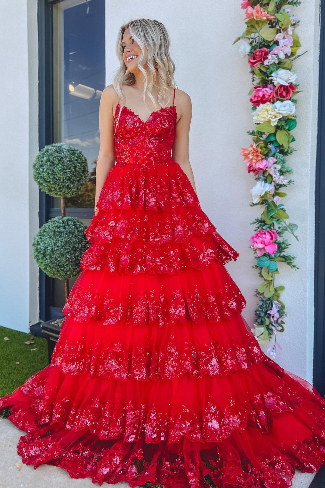 Maryam |A Line Spaghetti Straps Tiered Lace Prom Dress