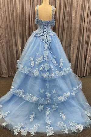 Alanna | Blue Tulle Sweetheart Multi - Layer with 3D Floral Lace Quinceanera Dress - KissProm