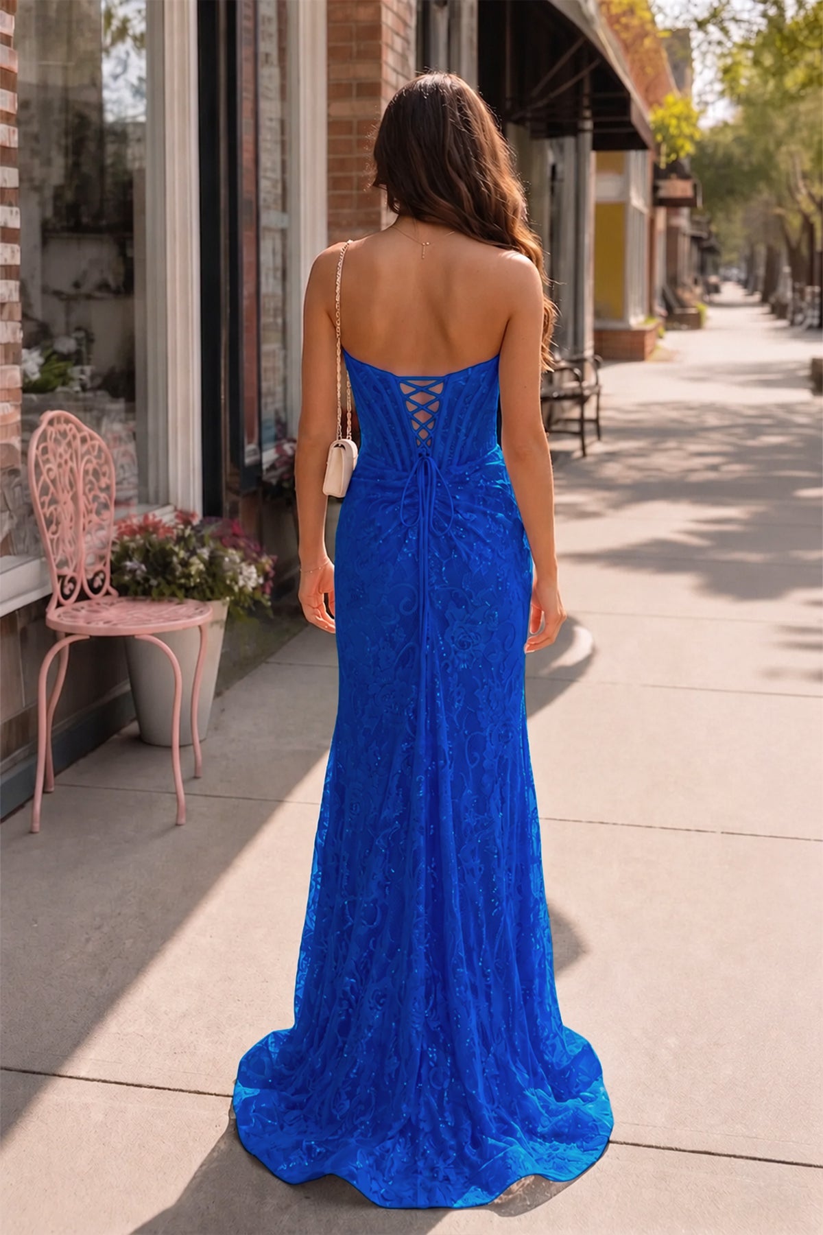Lavender Strapless Lace Ruched Mermaid Prom Dress with Slit, Royal Blue / 10 Lavender Strapless Lace Ruched Mermaid Prom Dress with Slit, Royal Blue / 10
