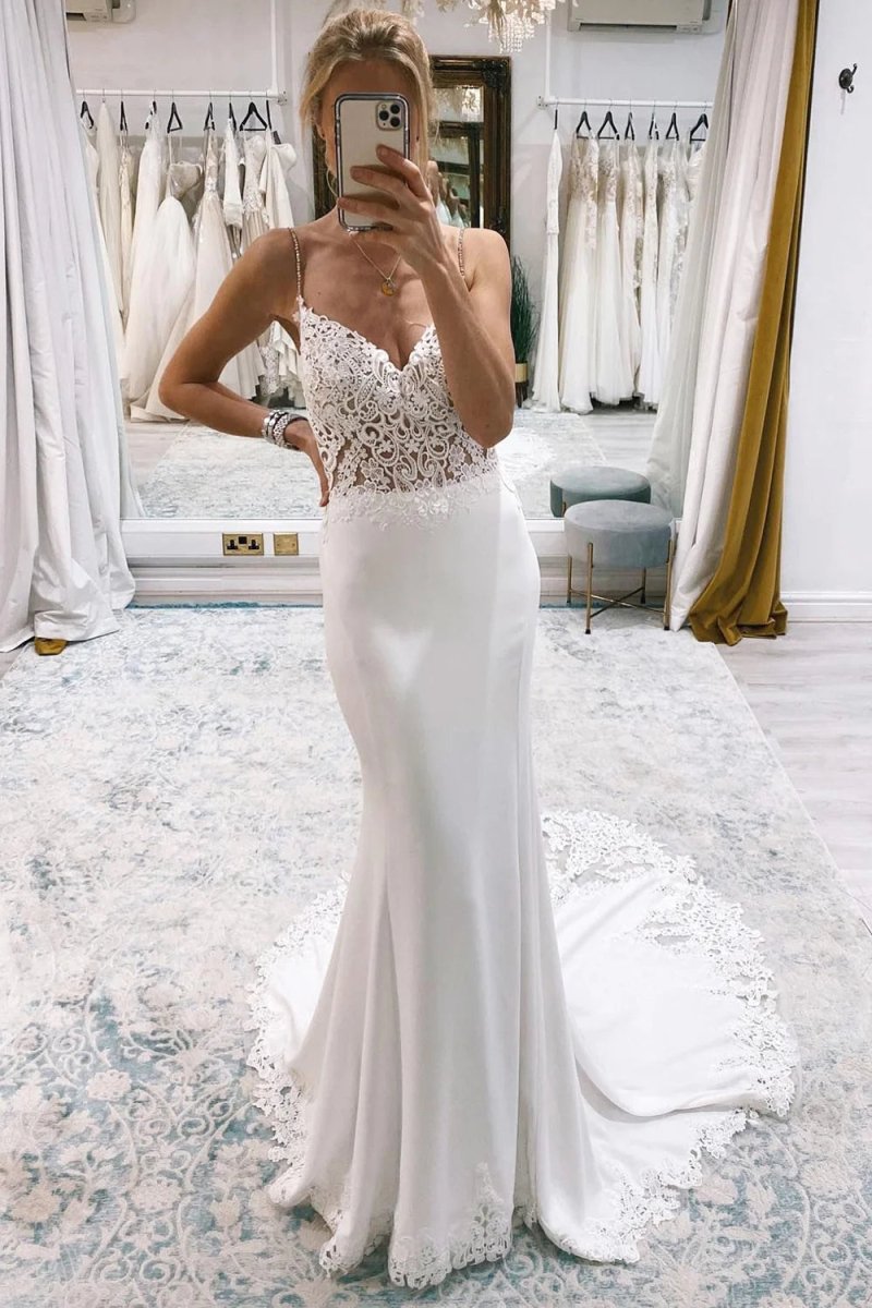 Elegant Mermaid Square Neck White Satin Wedding Dresses VK23122201