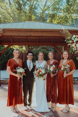 Sheath V Neck Rust Velvet Long Bridesmaid Dresses, Rust / 16