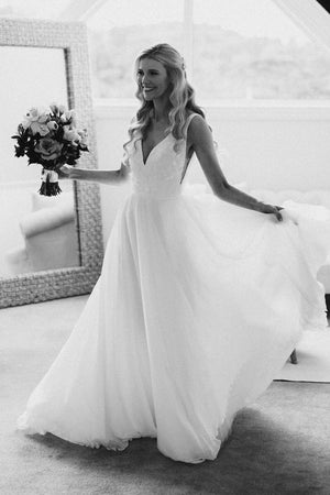 Elegant A-Line V Neck White Chiffon Wedding Dress with Appliques Elegant A-Line V Neck White Chiffon Wedding Dress with Appliques