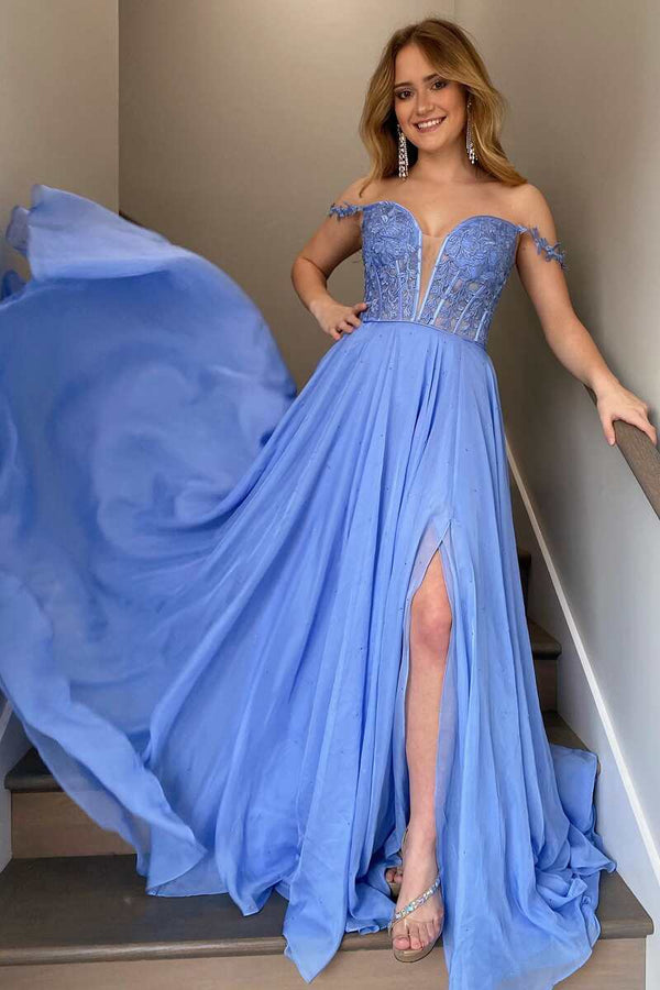 Periwinkle Off - the - Shoulder A - line Princess Prom Gown - KissProm