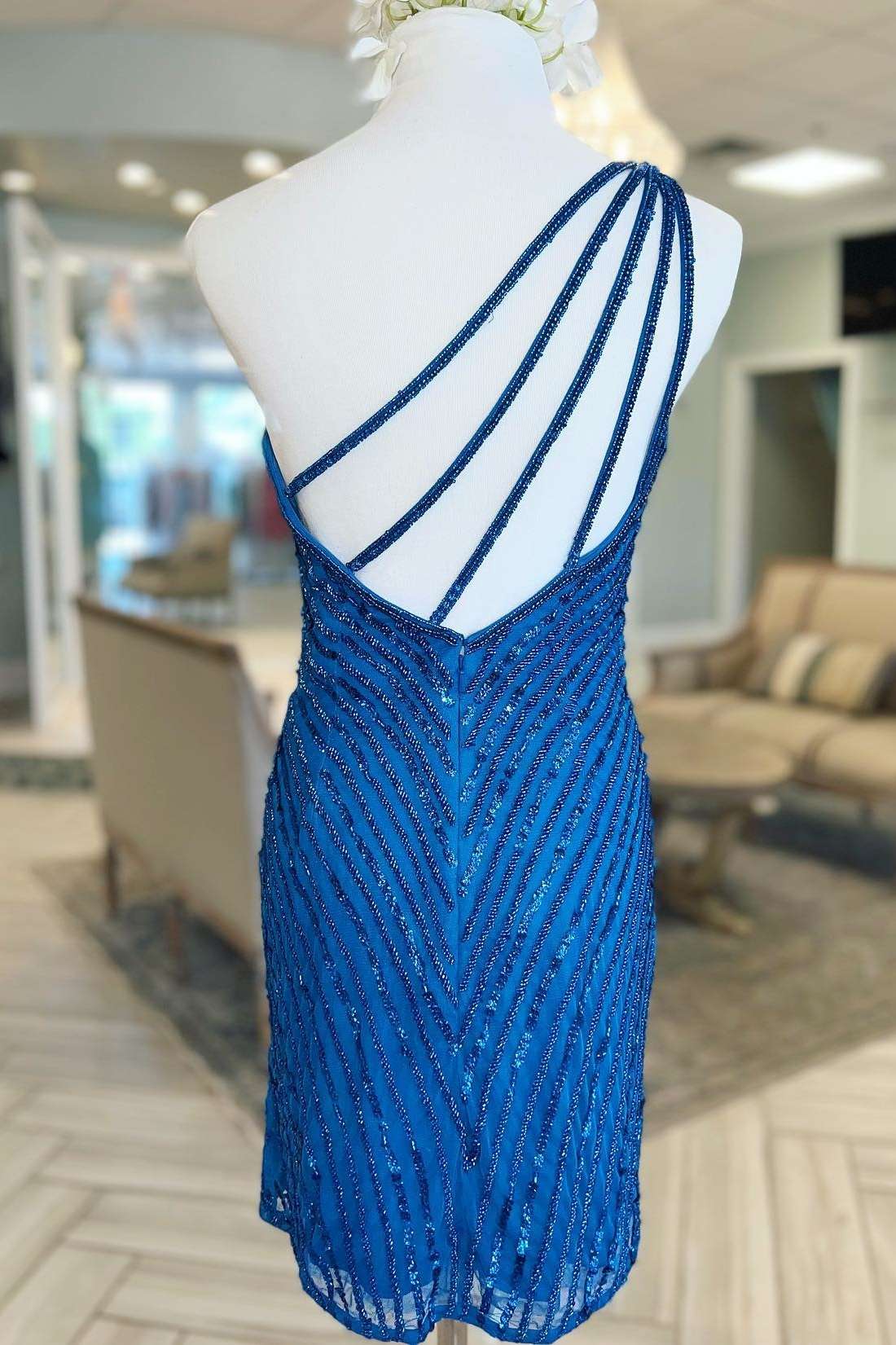 Zariyah | Blue Beaded One-Shoulder Short Cocktail Dress
