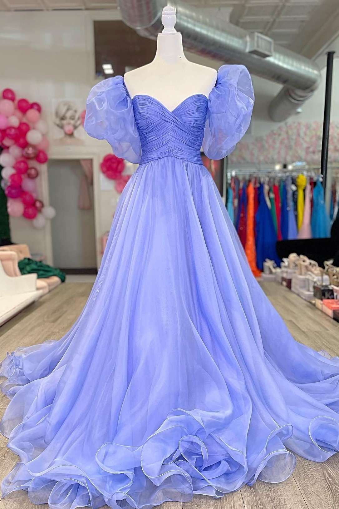 Lavender Strapless A-Line Prom Dress with Puff Sleeves