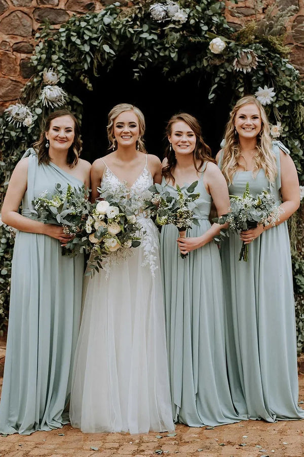 white christmas dresses Grey Green Chiffon Spaghetti Straps A-Line Long Bridesmaid Dress Gray Green / 6 / A