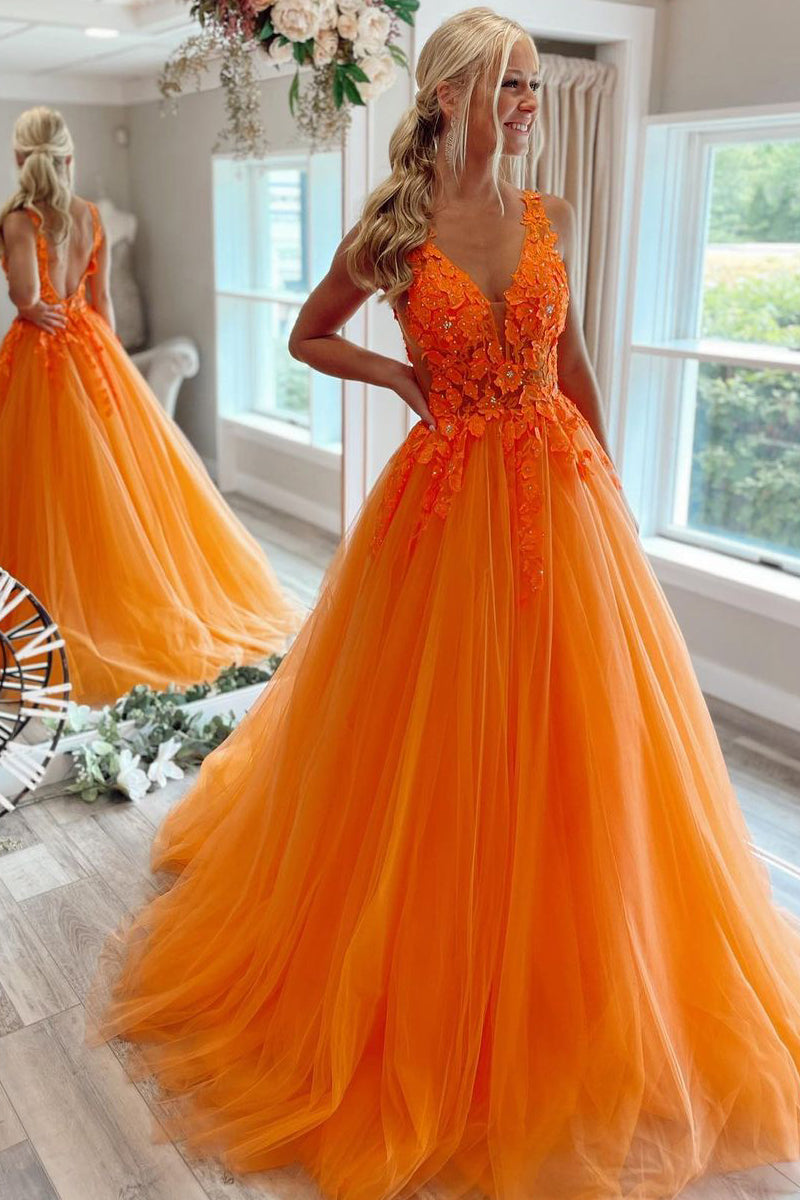 Marigold |A-Line V-Neck Long Tulle Prom Dress with Appliques