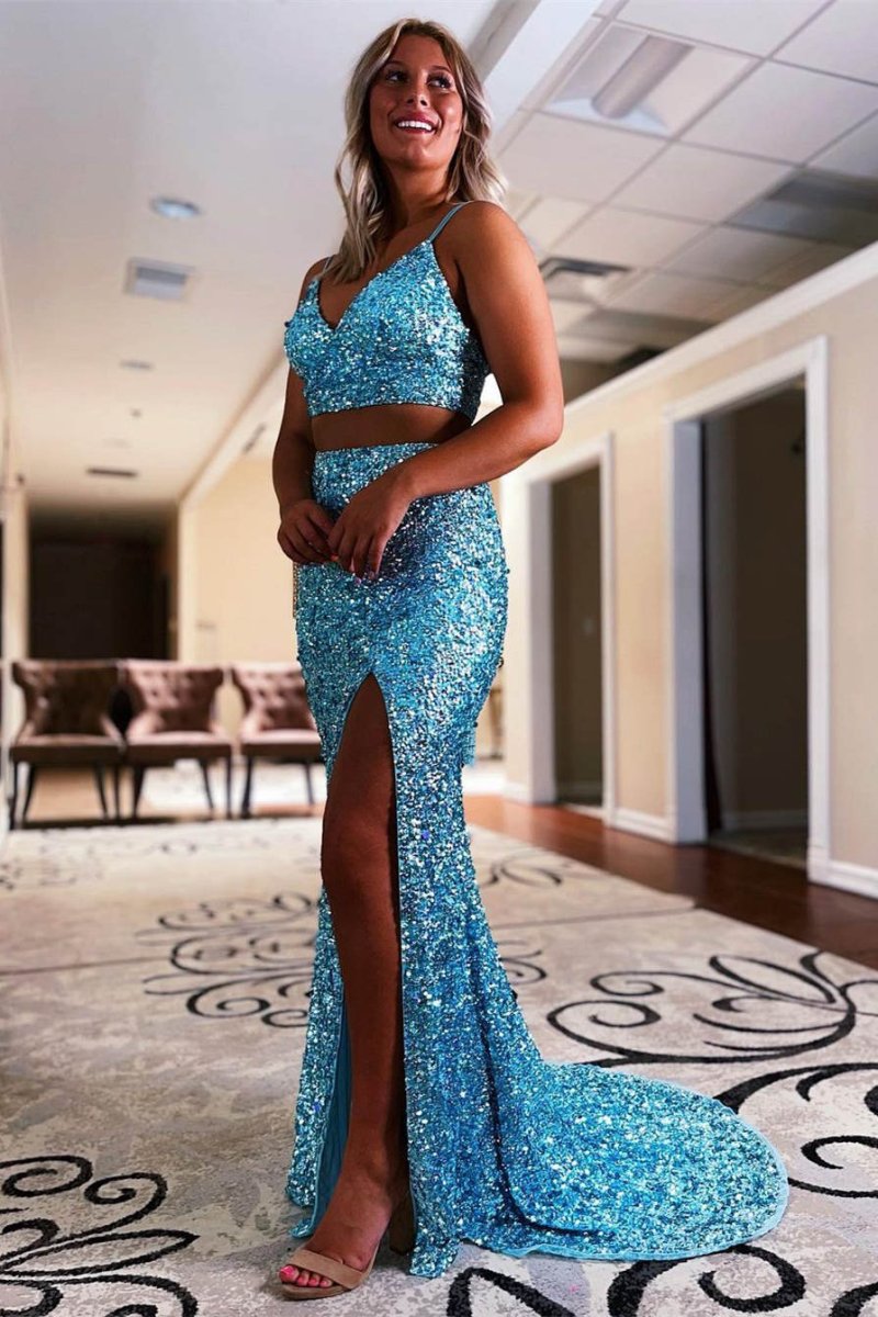 2 piece sequin prom dress Sexy Gold Two-piece Prom Dress Sequins Long Sleeve On One Side