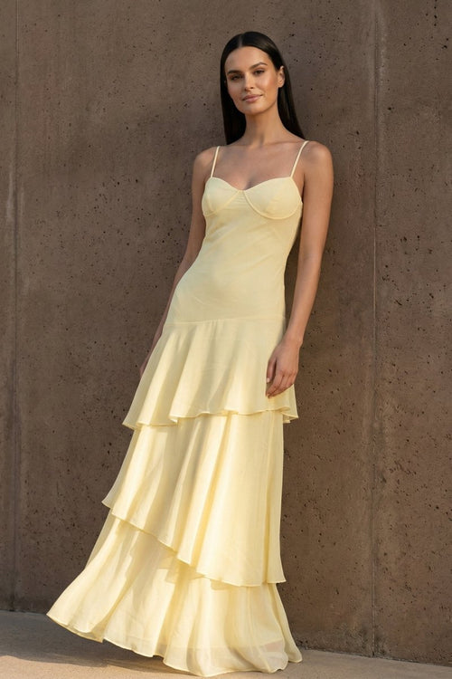 Saevy | Yellow - Spaghetti Straps Chiffon Sheath Long Formal Prom Dresses With Ruffles - KissProm