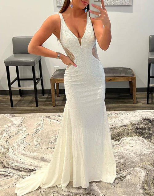 Tonya | White Mermaid V - Neck Beaded Long Prom Dress - KissProm