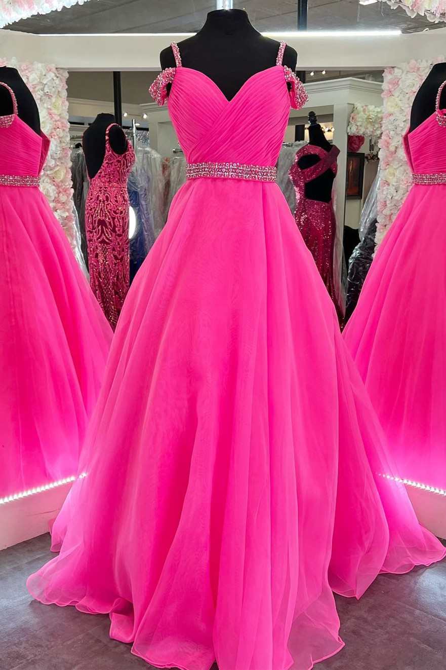 Hot Pink Beaded Cold-Shoulder A-Line Prom Dress