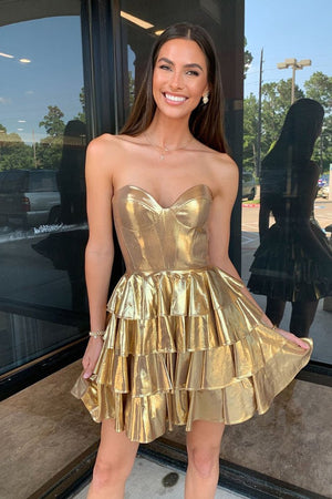 Gold Off the Shoulder Sequin Lace Ruffle Tiered A-Line Homecoming Dresses main image 0
