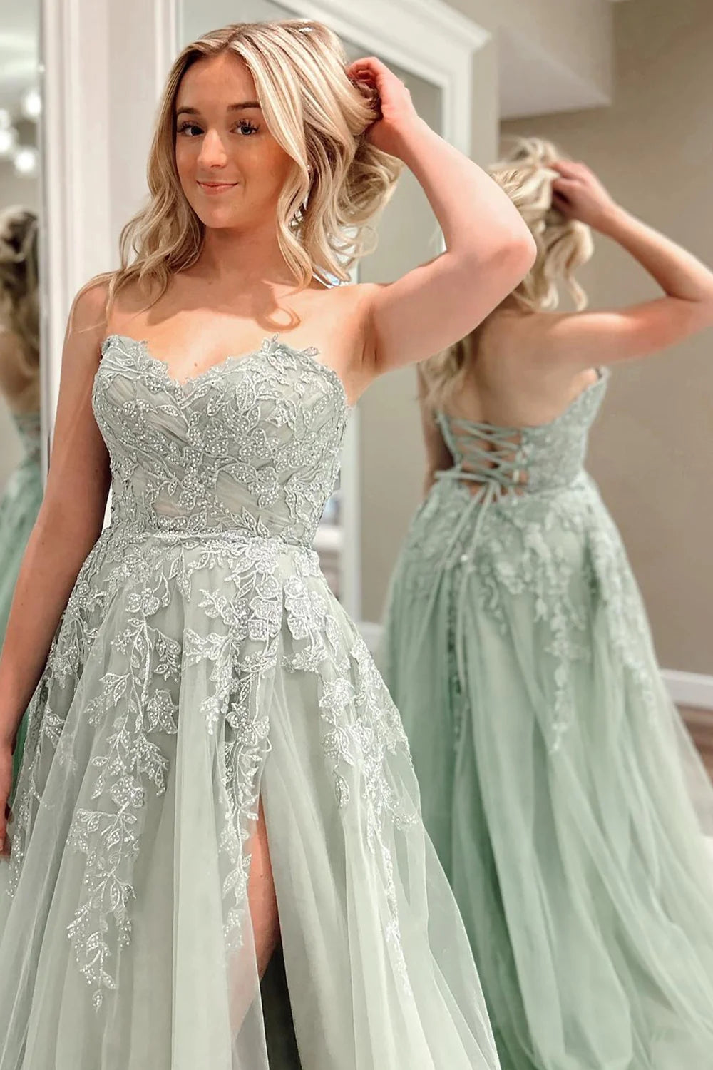 Beulah | A-Line Sweetheart Sage Green Tulle Lace Long Prom Dresses