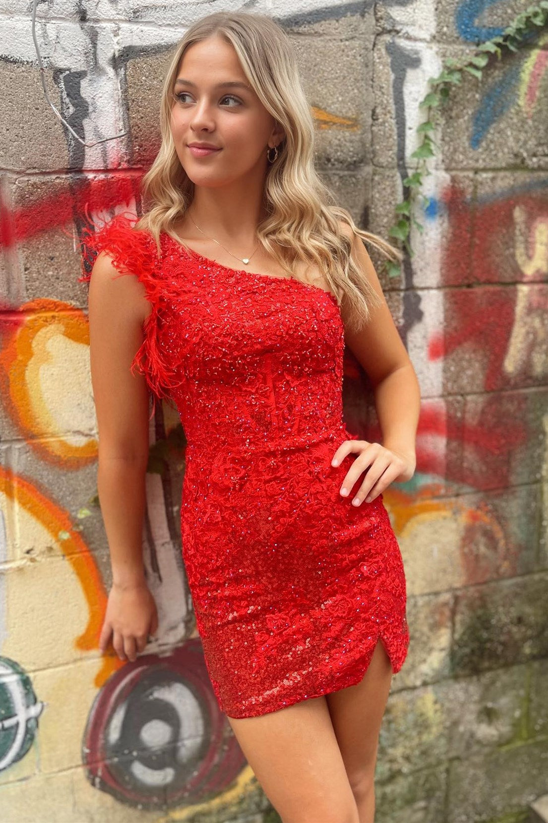 Nalani | One-Shoulder Red Sequin Lace Short Homecoming Dress with Feathers