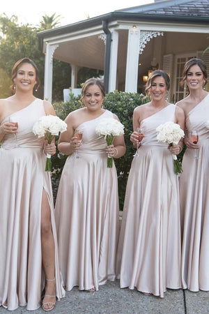 flesh colored bridesmaid dresses Light Pink One Shoulder A-line Satin Long Bridesmaid Dress with Slit, Pink / 0