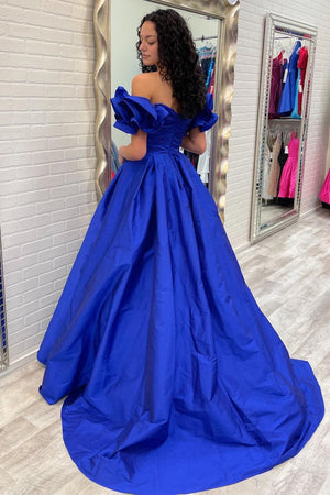A - Line Yellow Off - the - Shoulder Ruffled Sleeve Prom Dresses - KissProm