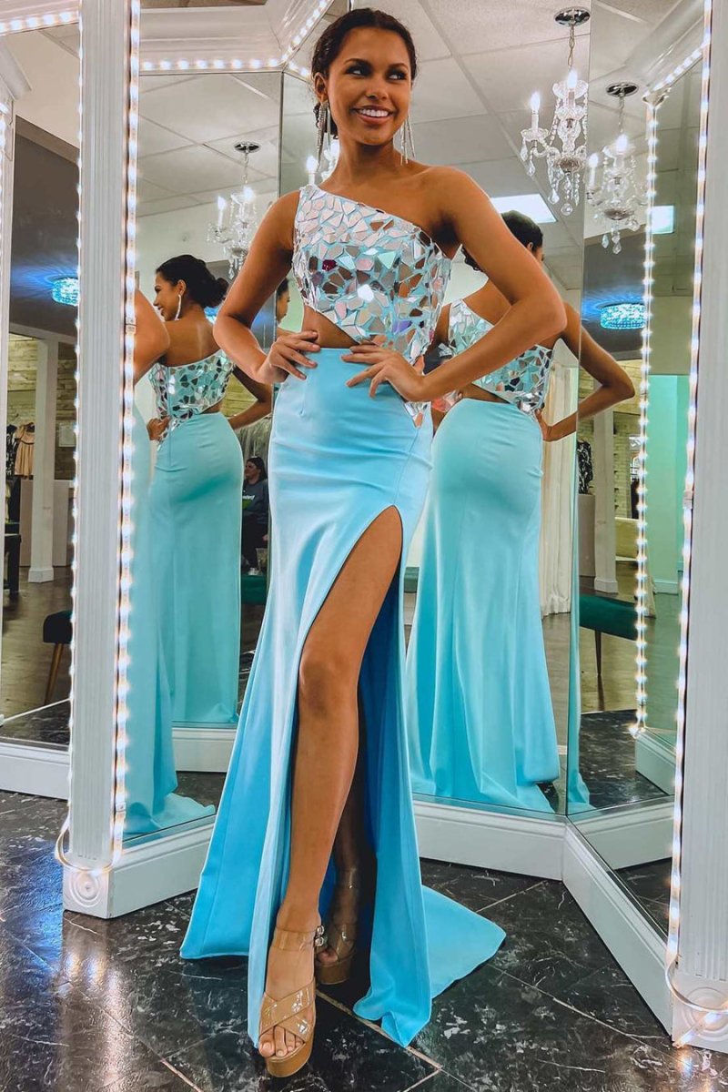 Sheath One Shoulder Cut Mirror Sequins Prom Dress, Sky Blue / 2