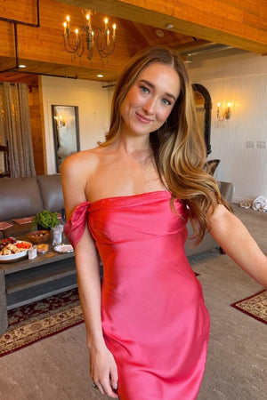 Marquina | Off the Shoulder Coral Mermaid Satin Long Party Dress