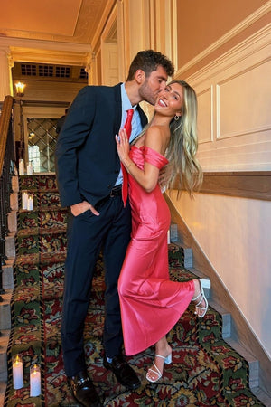 Marquina | Off the Shoulder Coral Mermaid Satin Long Party Dress