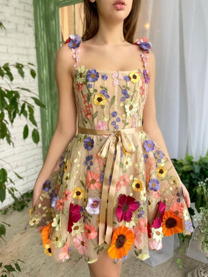 A Line Floral Short Homecoming Dress With 3D Flowers Beige / 0 A Line Floral Short Homecoming Dress With 3D Flowers Beige / 0