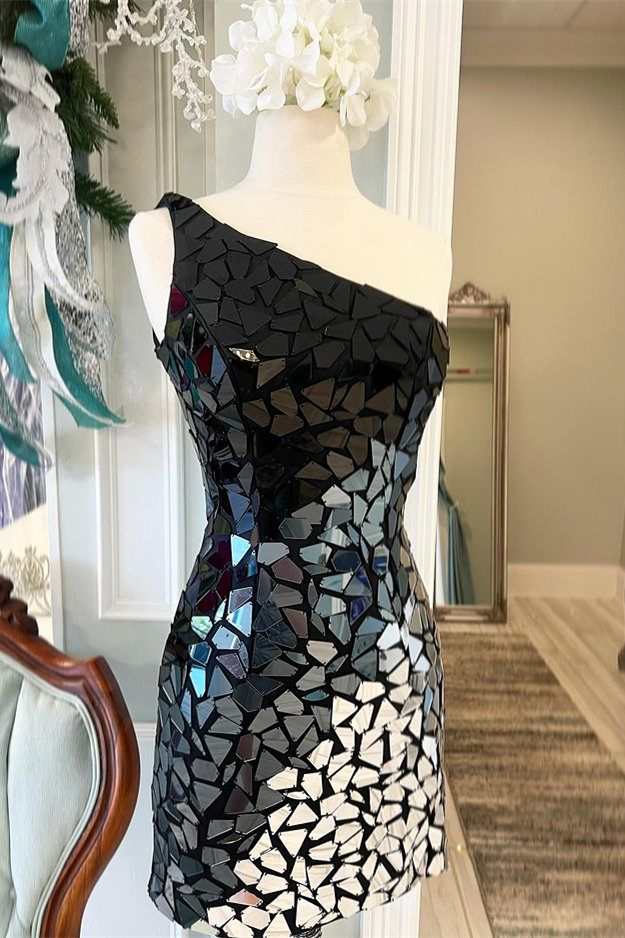 Mina | Black Gradient Cut Glass Mirror One-Shoulder Short Dress