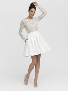 Simple A Line Short Knee - length Satin Lace Bateau Long Sleeve Wedding Dress - KissProm