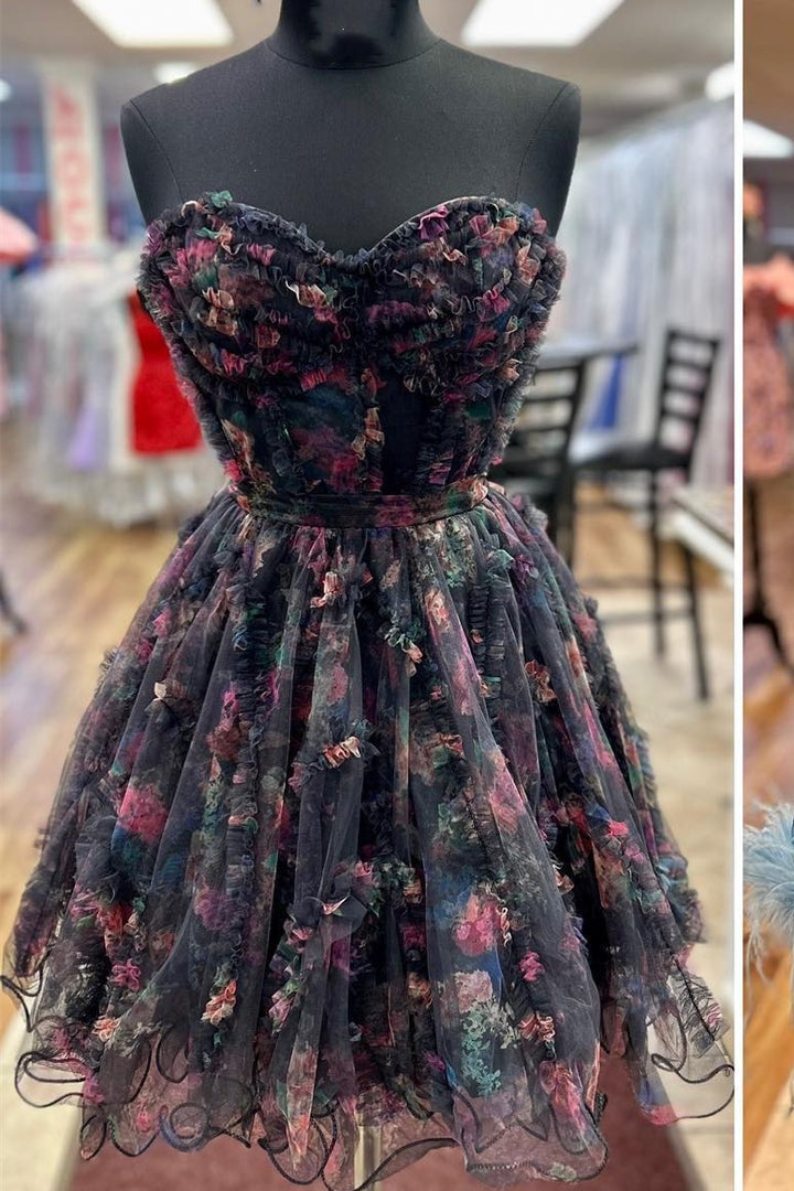 Kayla | A Line Strapless Floral Homecoming Dress